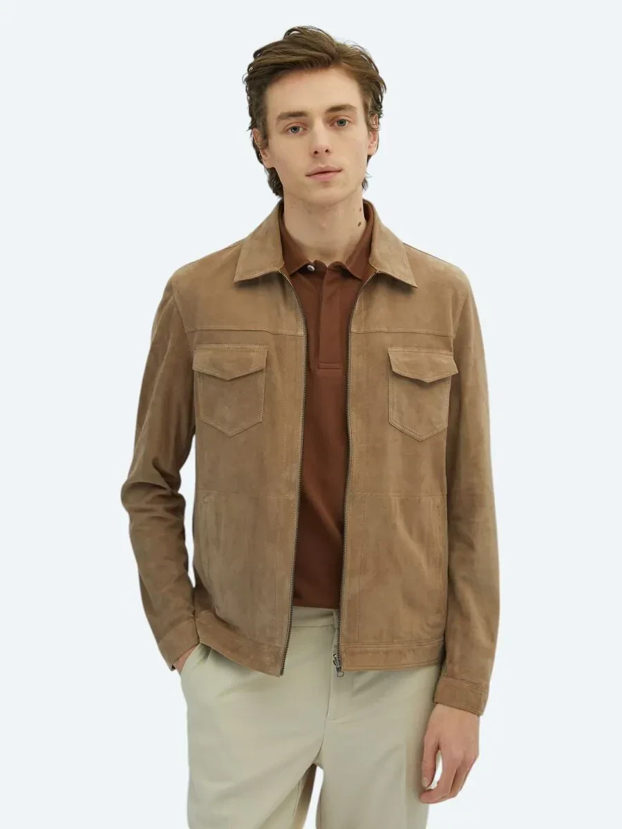 Bej Dik Yaka Smart Casual Çift Taraflı Deri Mont - 3
