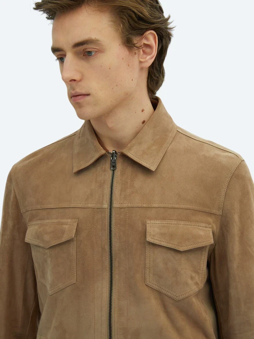 Bej Dik Yaka Smart Casual Çift Taraflı Deri Mont - 5