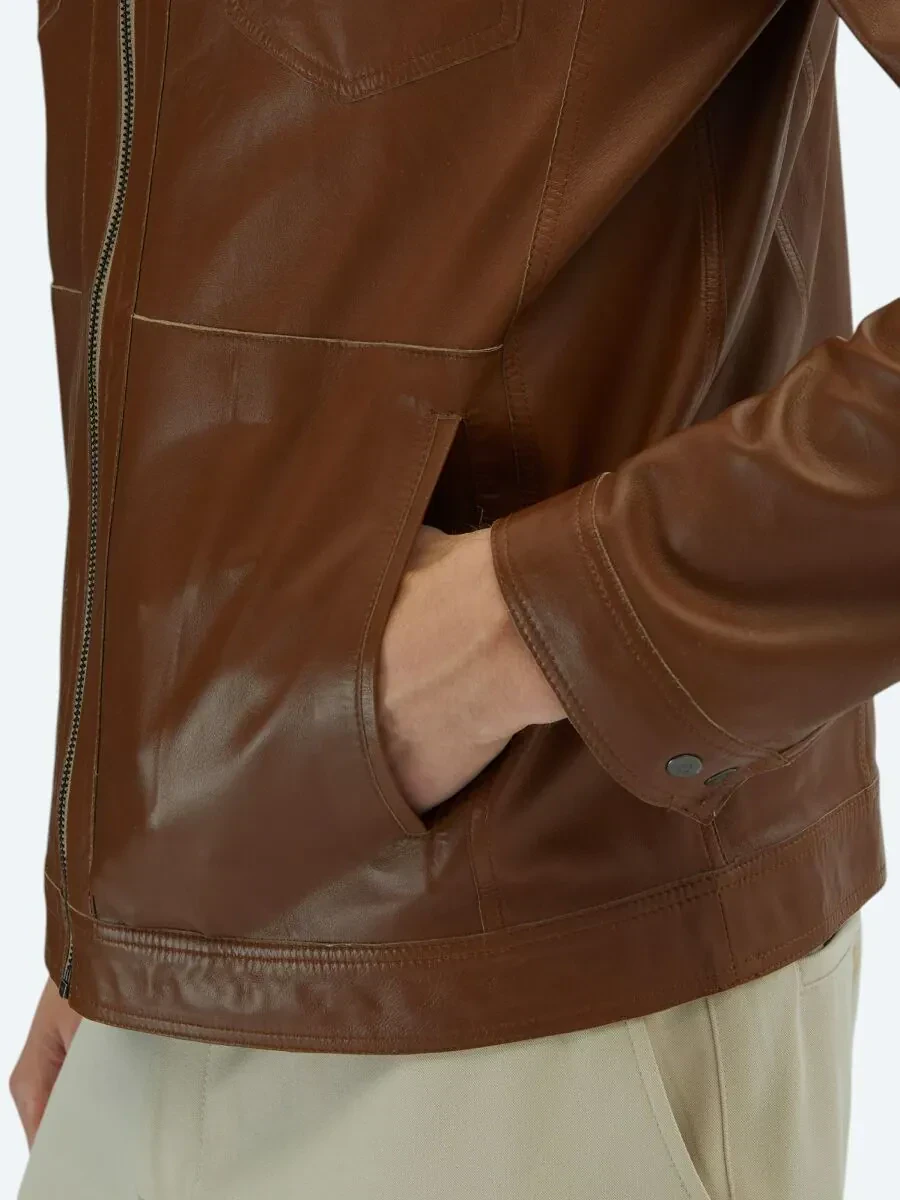 Bej Dik Yaka Smart Casual Çift Taraflı Deri Mont - 6