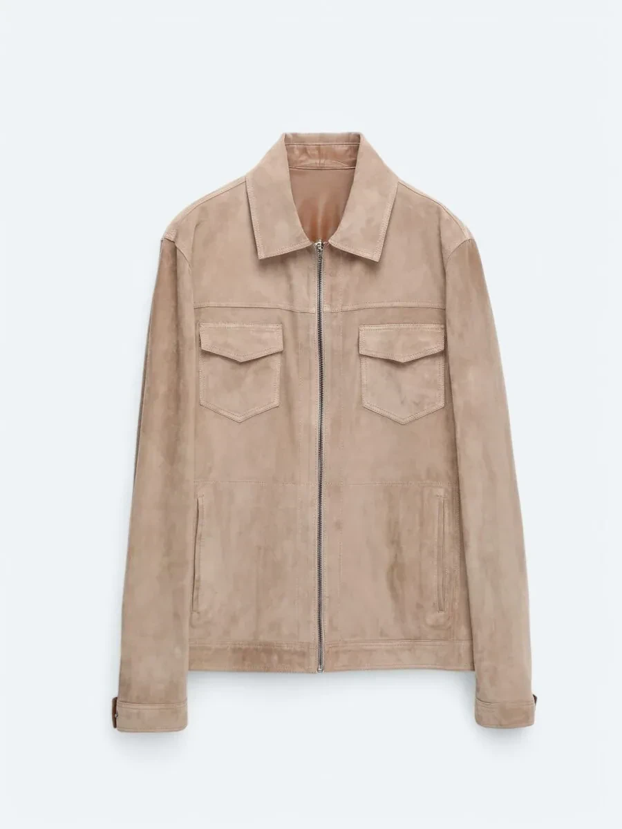 Bej Dik Yaka Smart Casual Çift Taraflı Deri Mont - 10