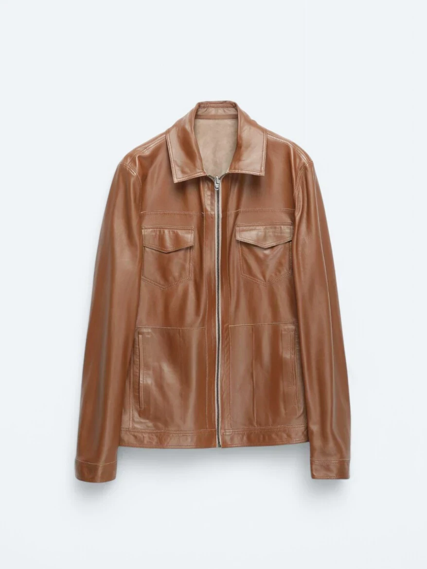 Bej Dik Yaka Smart Casual Çift Taraflı Deri Mont - 11