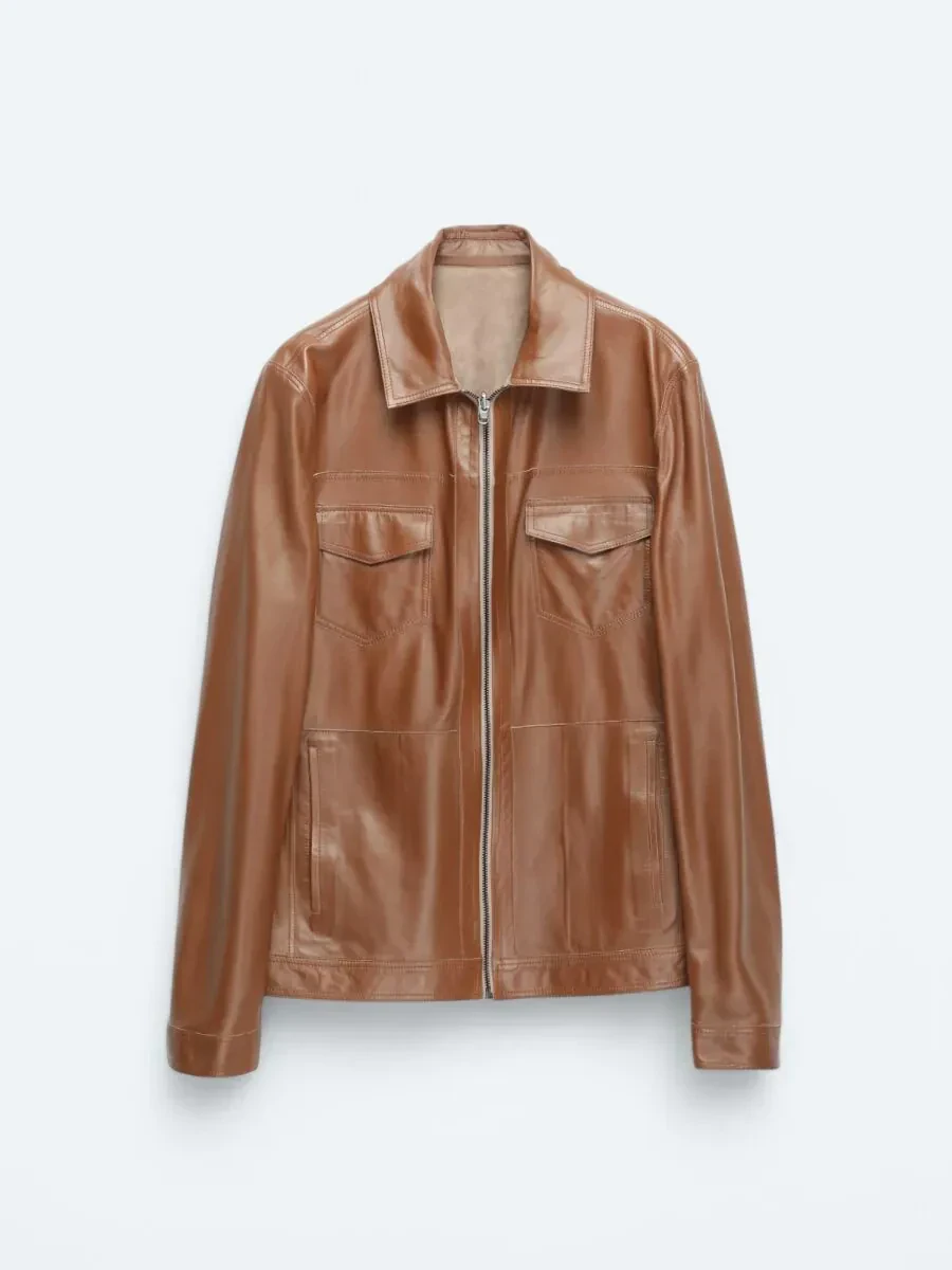 Bej Dik Yaka Smart Casual Çift Taraflı Deri Mont - 11