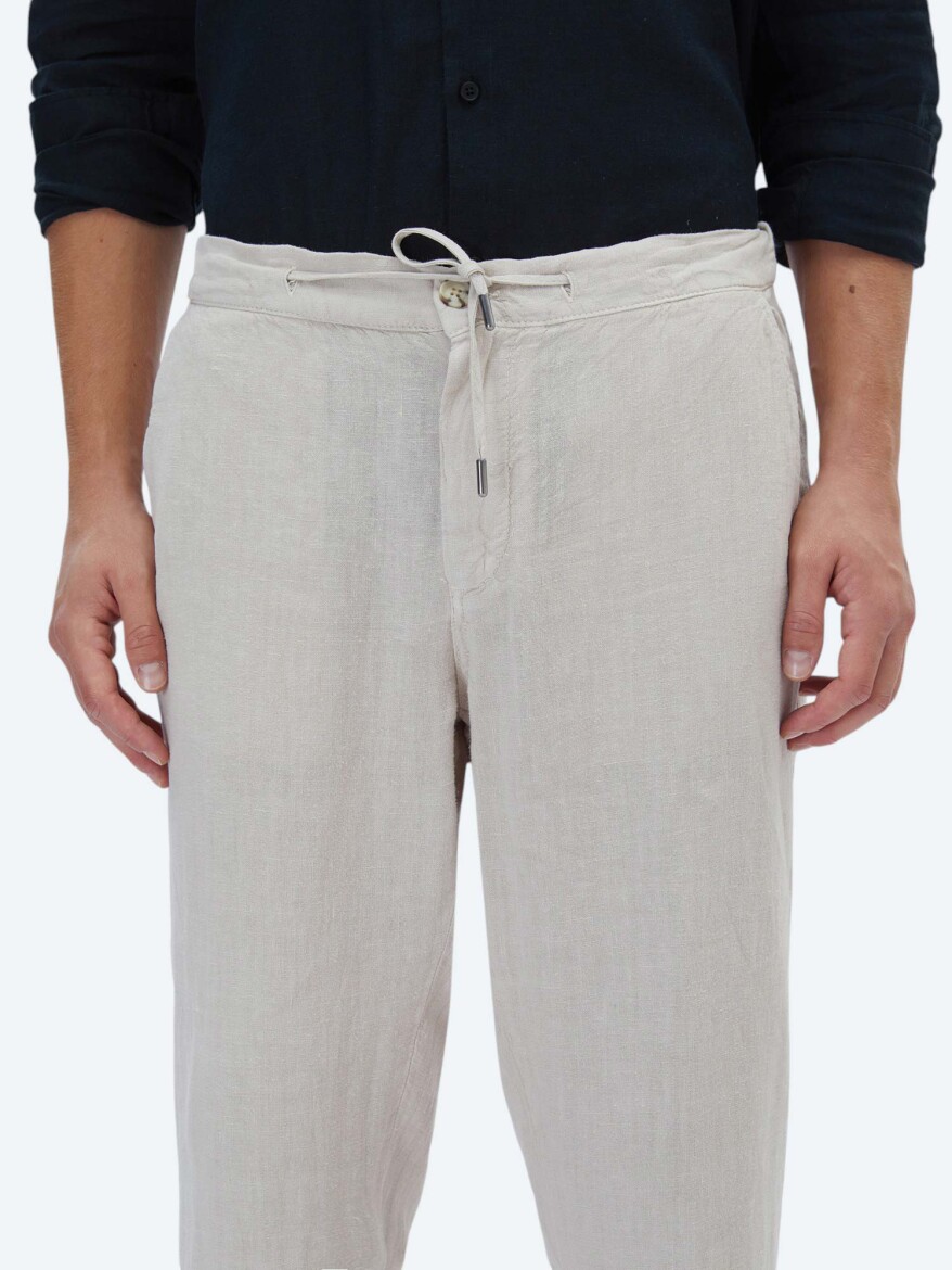 Bej Dokuma Jogging Fit Casual %100 Keten Pantolon - 3