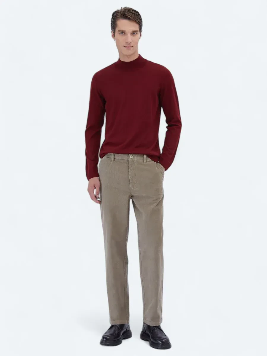 Bej Dokuma Loose Fit Kadife Casual Pamuk Karışımlı Pantolon - 1