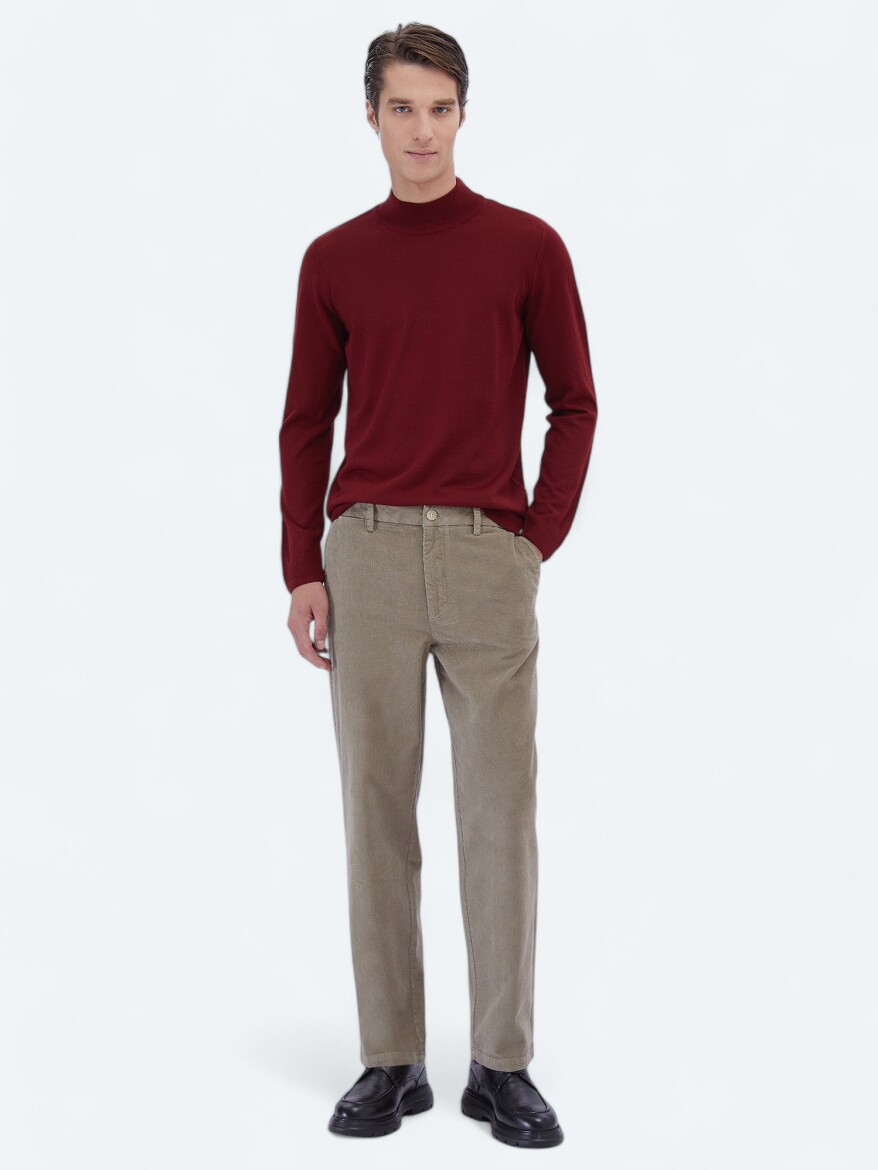 Bej Dokuma Loose Fit Kadife Casual Pamuk Karışımlı Pantolon - KİP