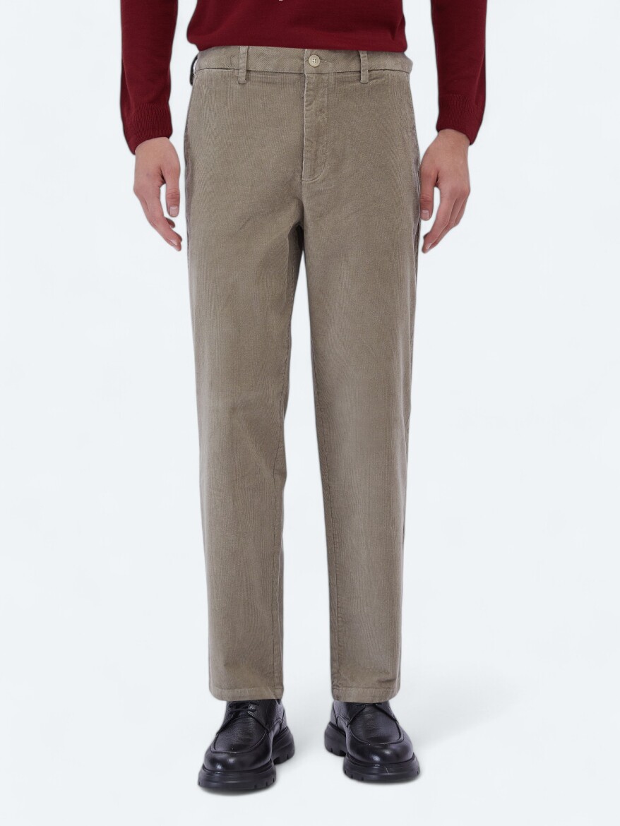 Bej Dokuma Loose Fit Kadife Casual Pamuk Karışımlı Pantolon - KİP