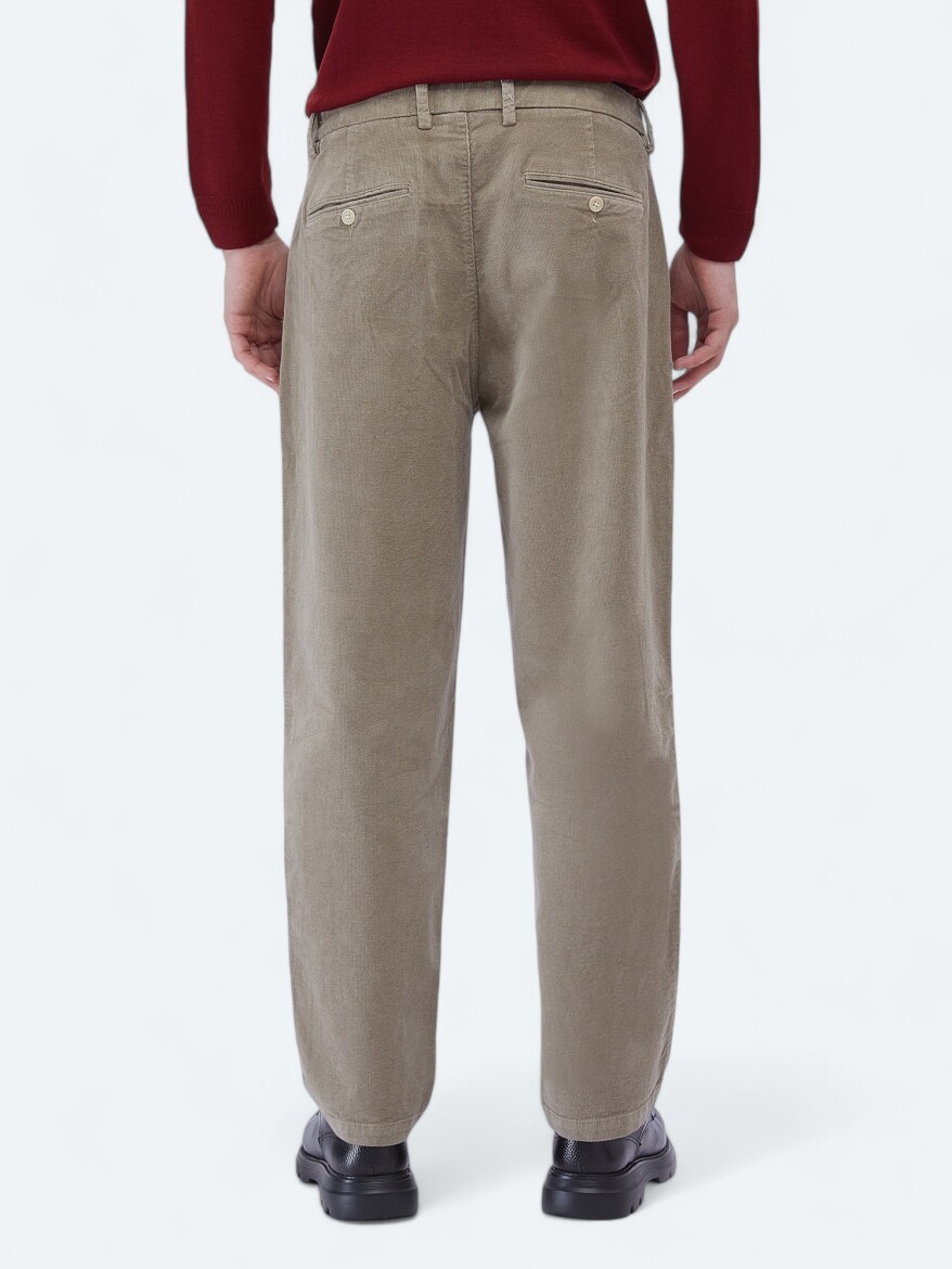 Bej Dokuma Loose Fit Kadife Casual Pamuk Karışımlı Pantolon - 4
