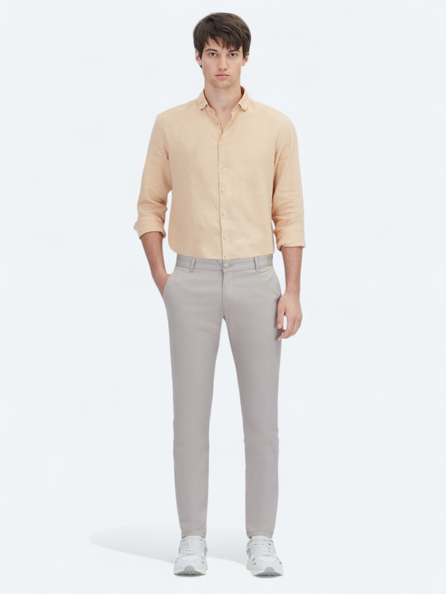 Bej Dokuma Regular Fit Casual Pamuk Karışımlı Pantolon 