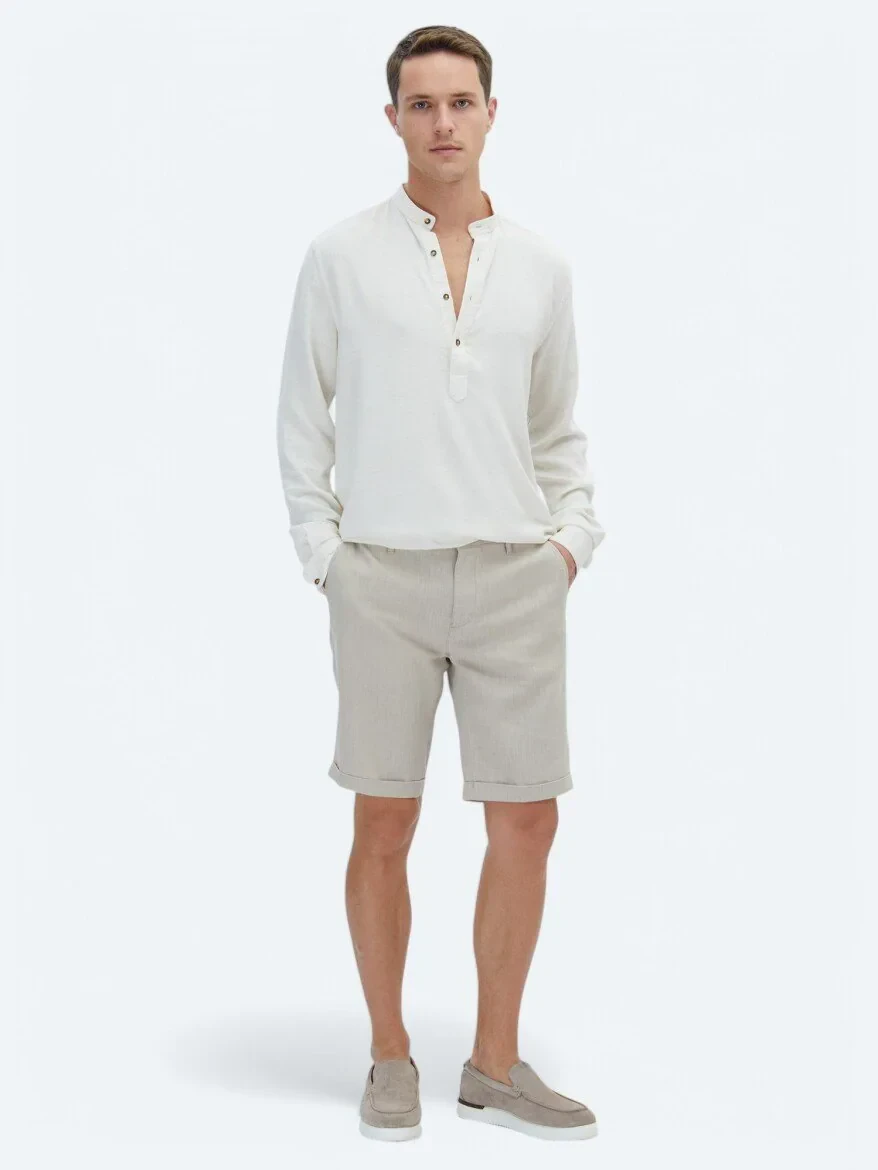 Bej Dokuma Slim Fit Casual Bermuda - 1