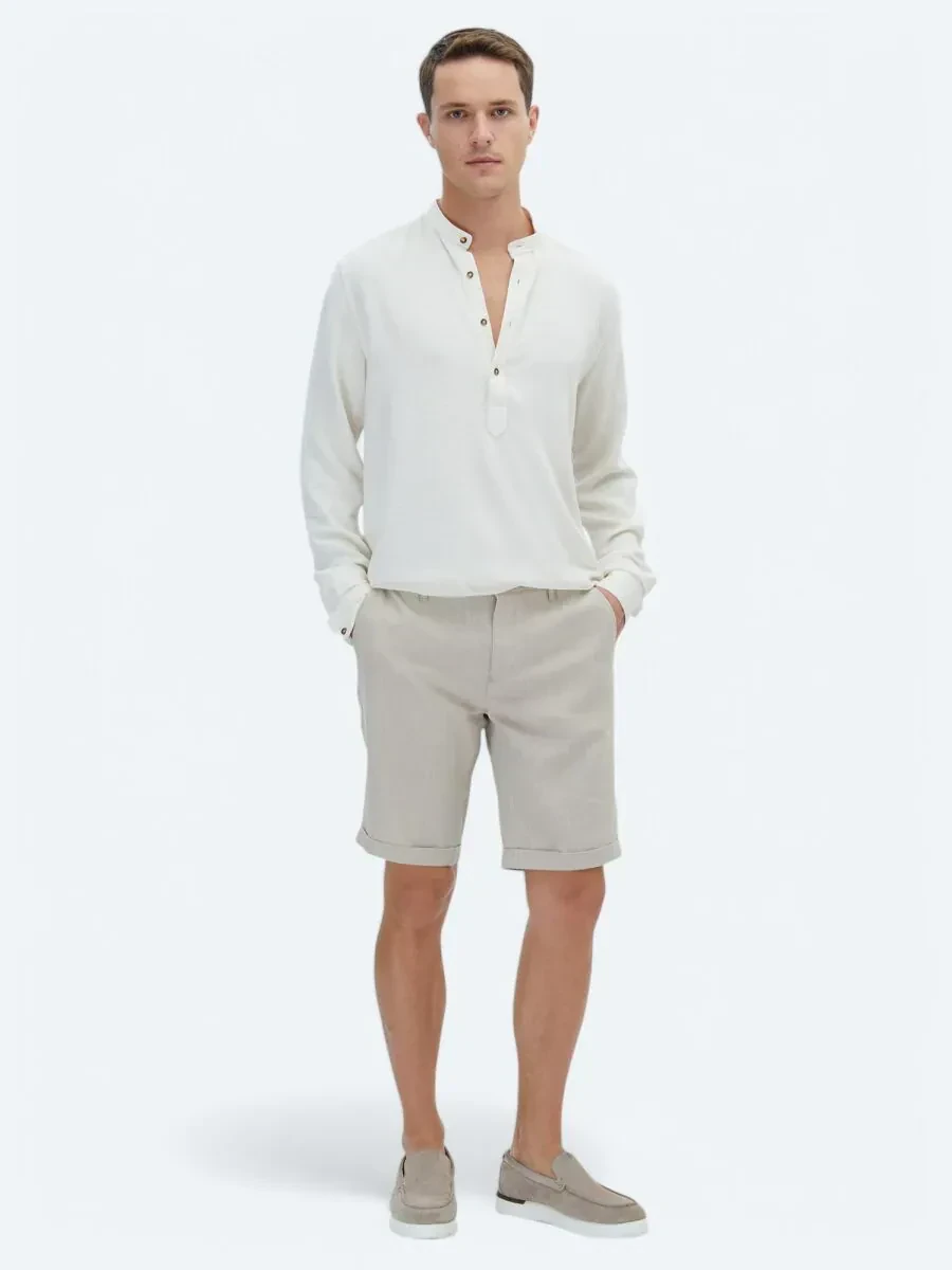 Bej Dokuma Slim Fit Casual Bermuda - 1