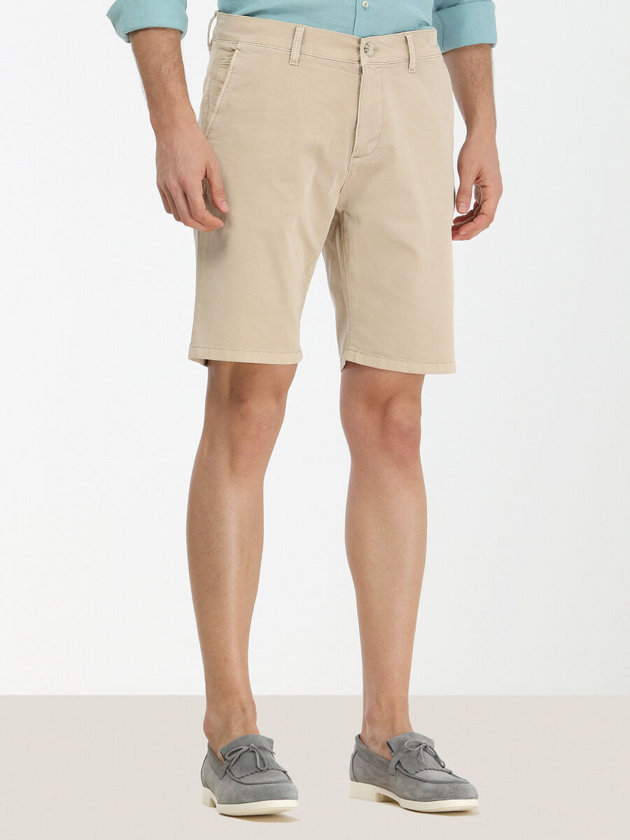 Bej Dokuma Slim Fit Casual Pamuk Karışımlı Bermuda - 1