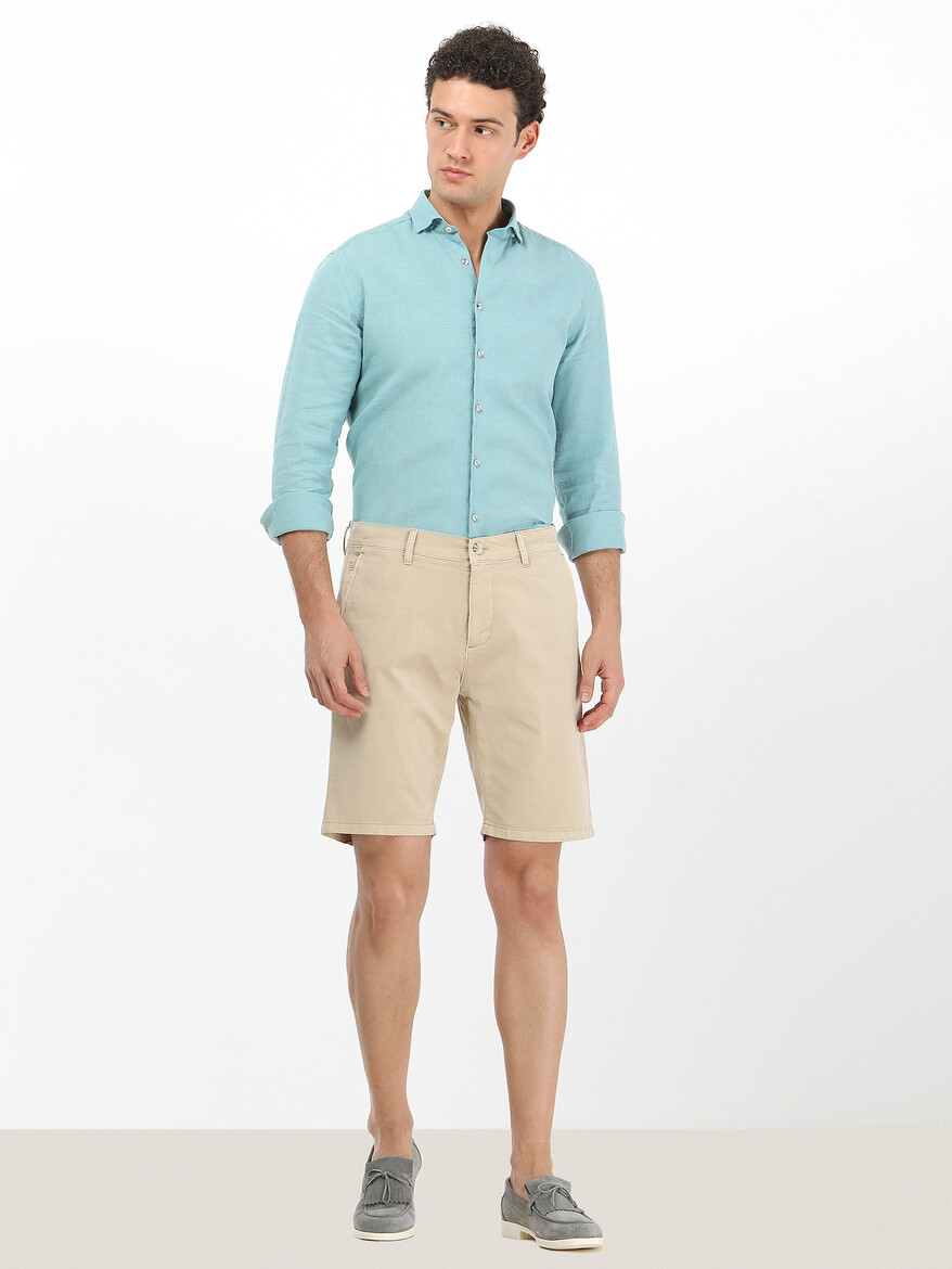 Bej Dokuma Slim Fit Casual Pamuk Karışımlı Bermuda - KİP