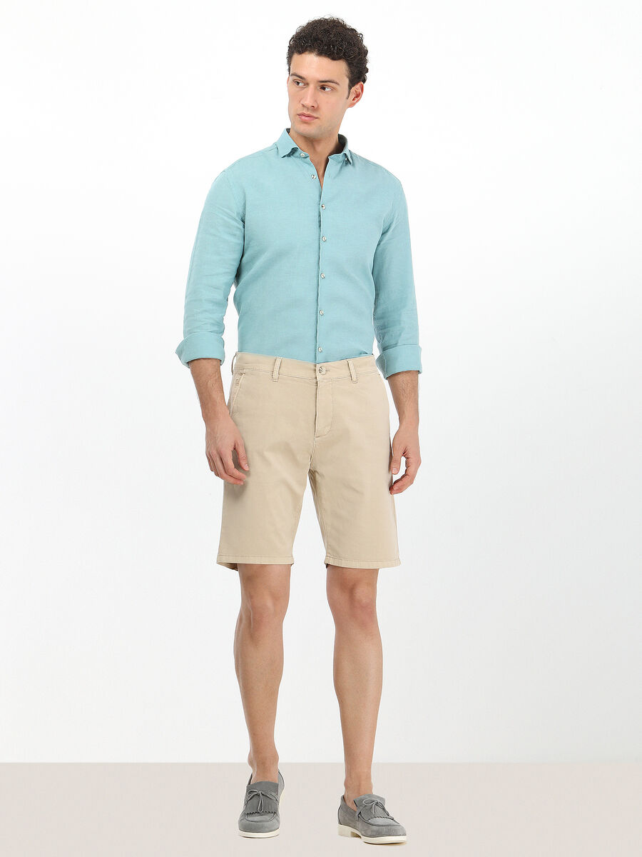 Bej Dokuma Slim Fit Casual Pamuk Karışımlı Bermuda - 2