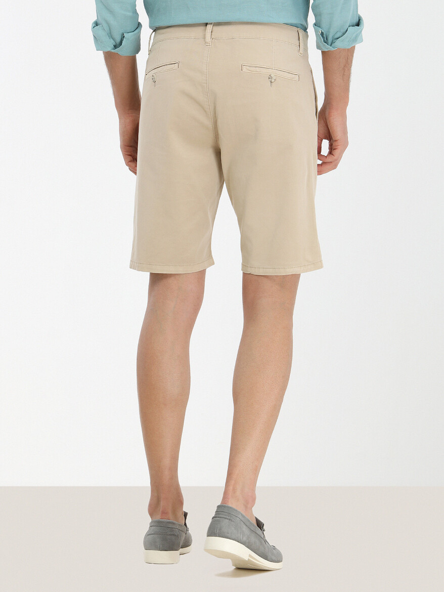 Bej Dokuma Slim Fit Casual Pamuk Karışımlı Bermuda - 4