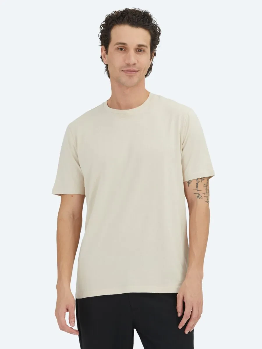 Bej Düz Bisiklet Yaka %100 Pamuk T-Shirt - 1