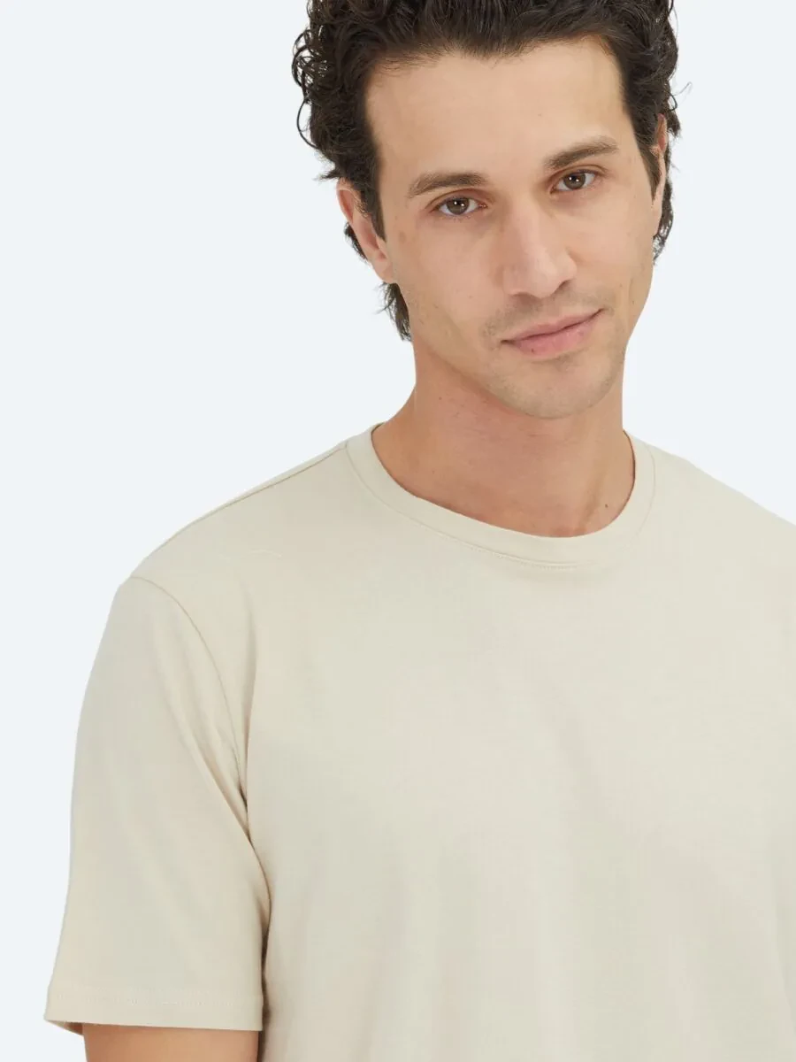 Bej Düz Bisiklet Yaka %100 Pamuk T-Shirt - 3