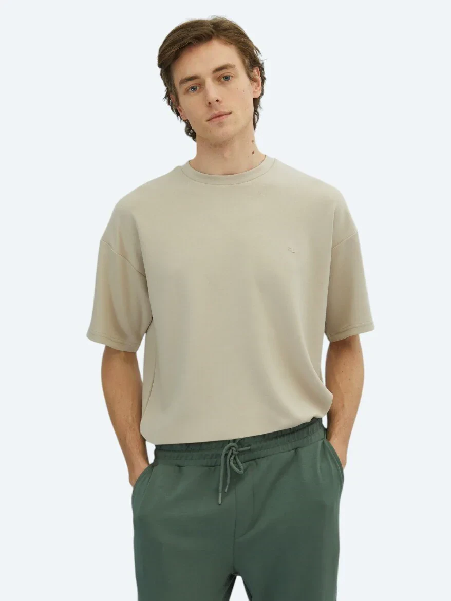 Bej Düz Bisiklet Yaka T-Shirt - 1