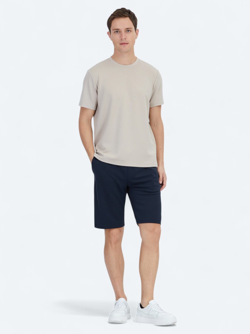 Bej Düz Bisiklet Yaka T-Shirt - 2