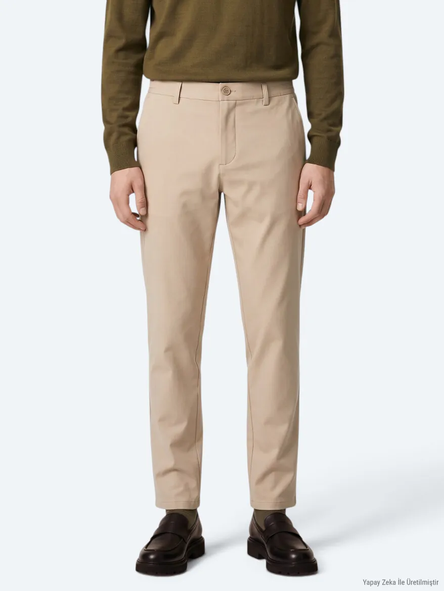 Bej Düz Dokuma Jogging Fit Casual Pamuk Karışımlı Pantolon - 4