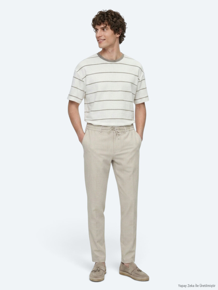 Bej Düz Dokuma Jogging Fit Casual Pantolon - 1