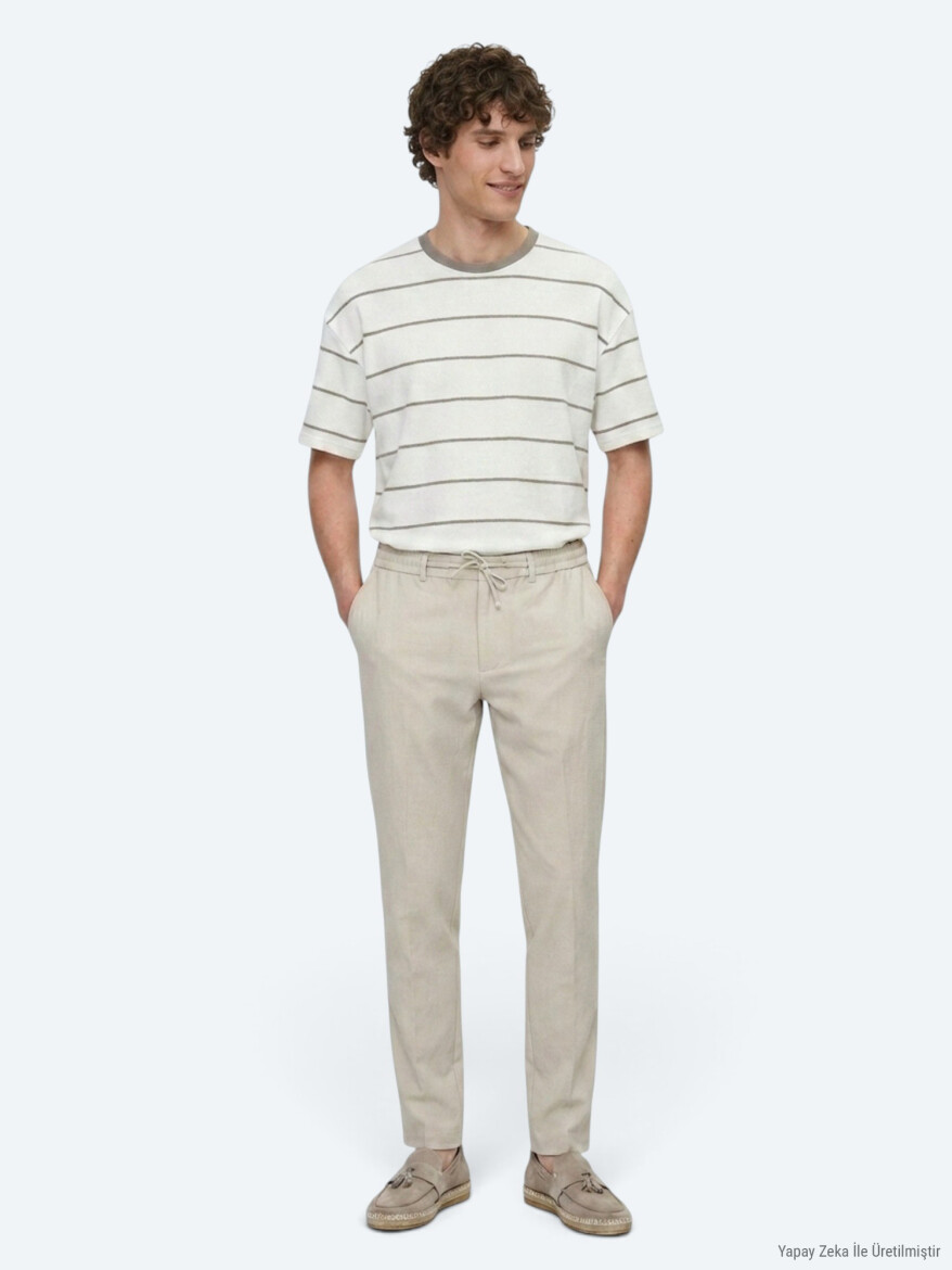 Bej Düz Dokuma Jogging Fit Casual Pantolon - 4