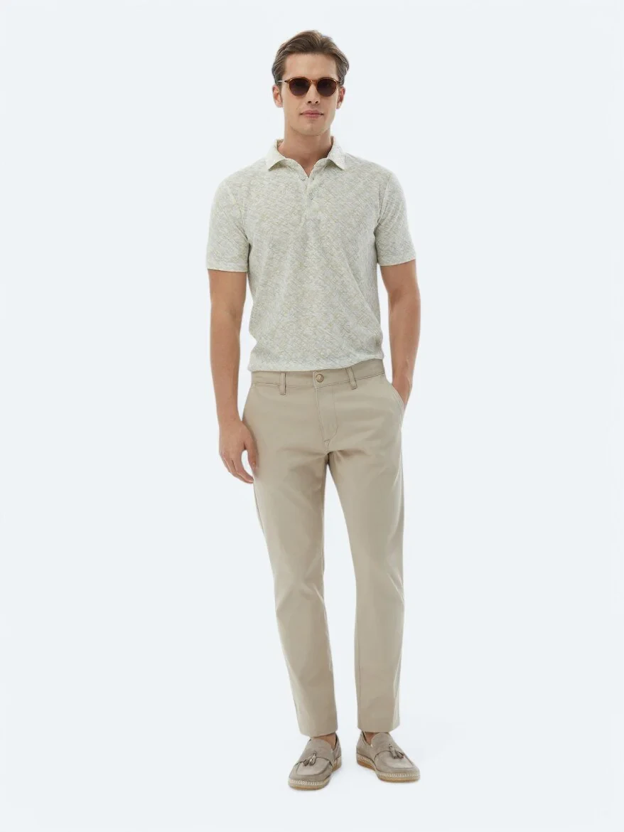 Bej Düz Dokuma Regular Fit Casual Pamuk Karışımlı Pantolon - 1