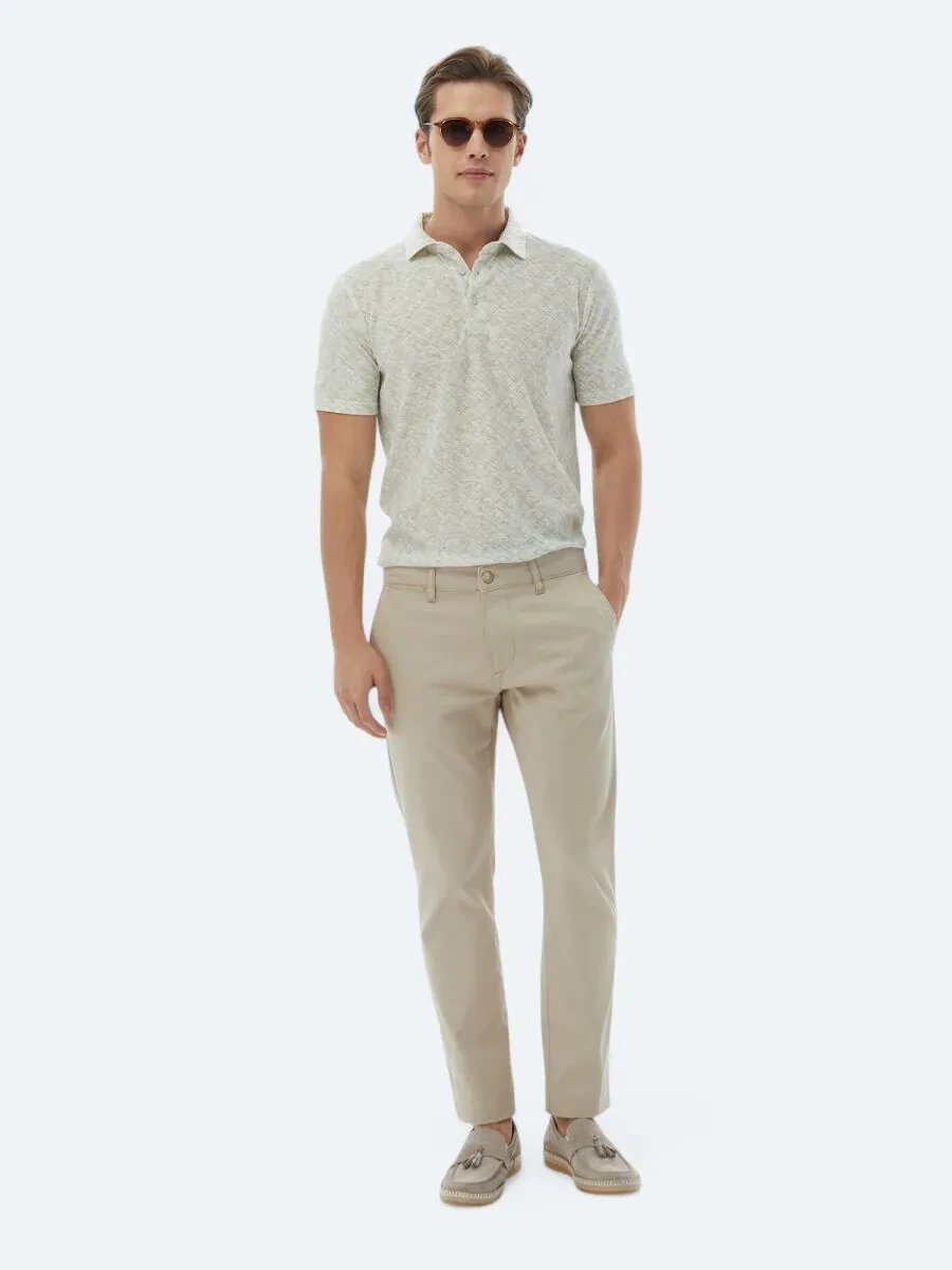 Bej Düz Dokuma Regular Fit Casual Pamuk Karışımlı Pantolon - 1