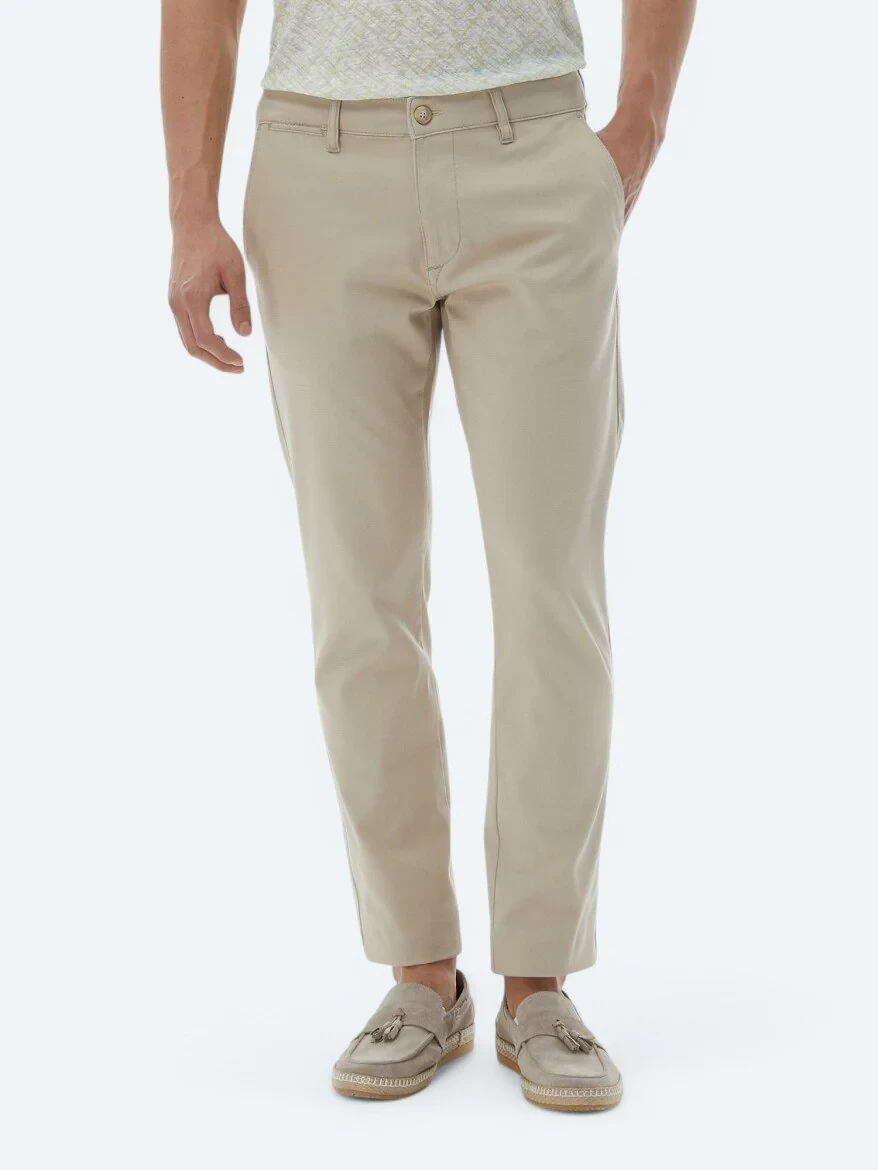 Bej Düz Dokuma Regular Fit Casual Pamuk Karışımlı Pantolon - 2