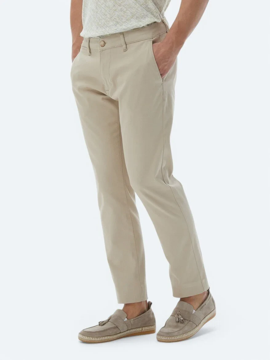 Bej Düz Dokuma Regular Fit Casual Pamuk Karışımlı Pantolon - 3