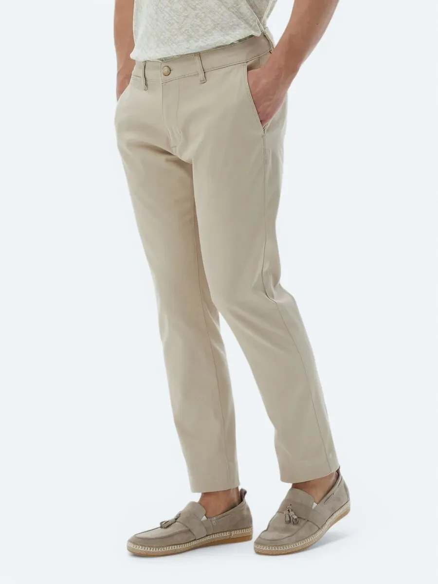 Bej Düz Dokuma Regular Fit Casual Pamuk Karışımlı Pantolon - 3