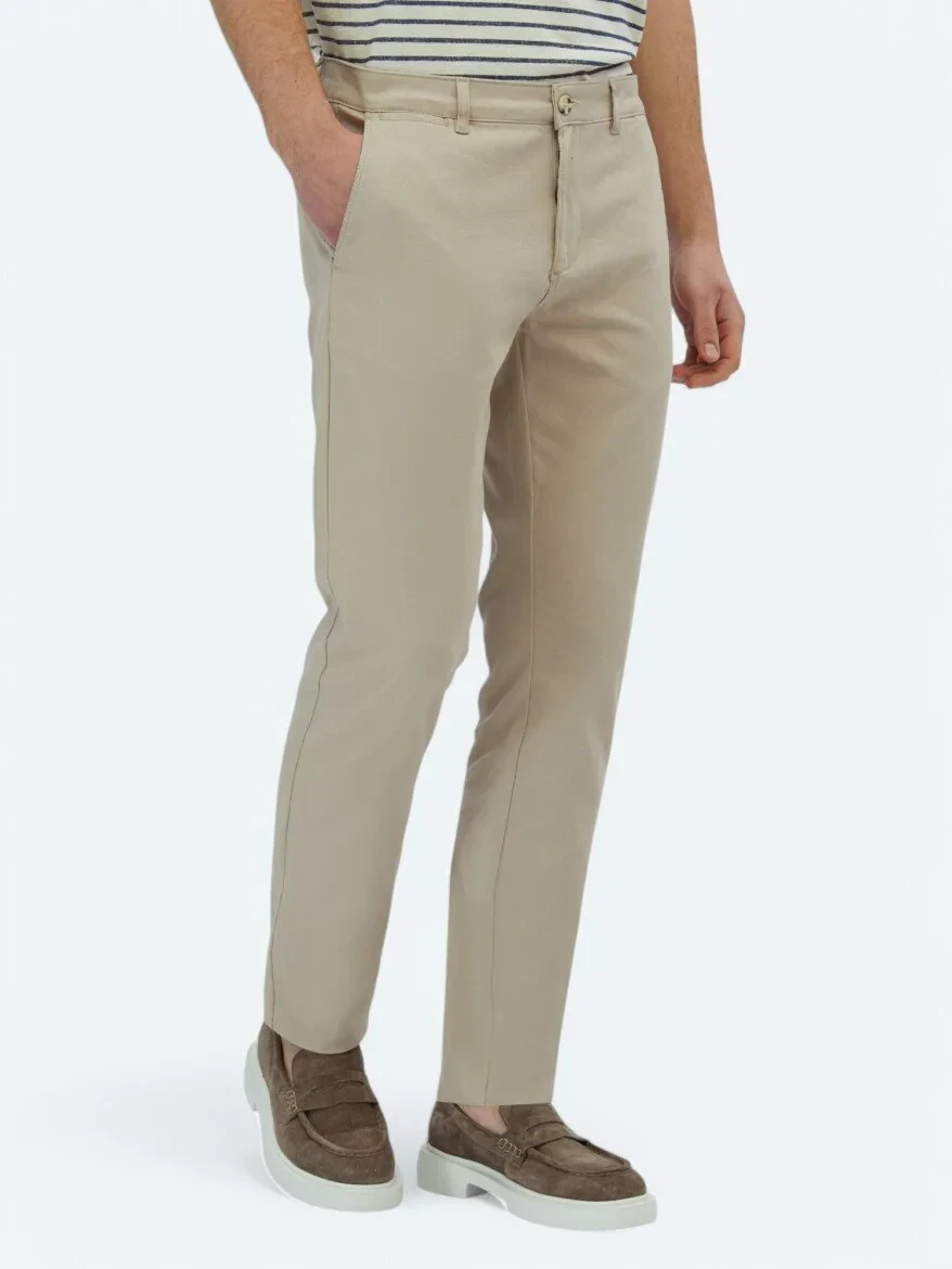 Bej Düz Dokuma Regular Fit Casual Pamuk Karışımlı Pantolon - 3