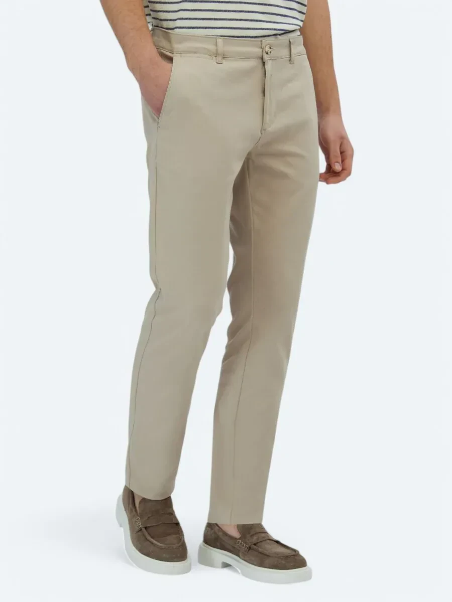 Bej Düz Dokuma Regular Fit Casual Pamuk Karışımlı Pantolon - 3