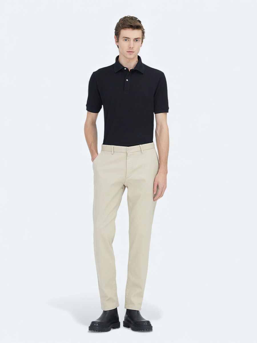 Bej Düz Dokuma Regular Fit Casual Pamuk Karışımlı Pantolon - 1