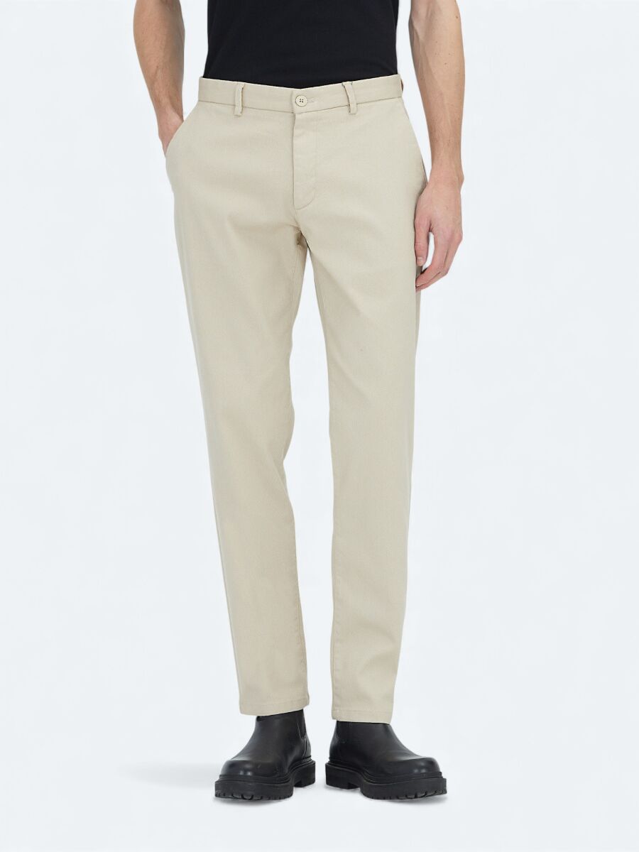 Bej Düz Dokuma Regular Fit Casual Pamuk Karışımlı Pantolon - 2