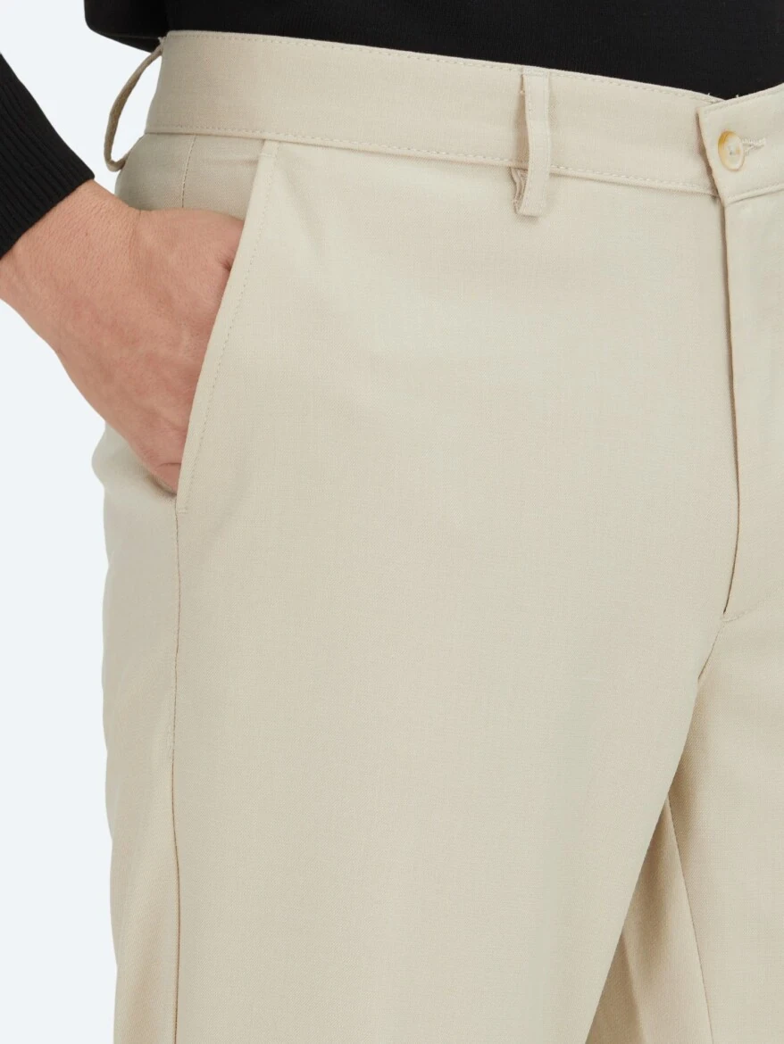 Bej Düz Dokuma Regular Fit Casual Pantolon - 3