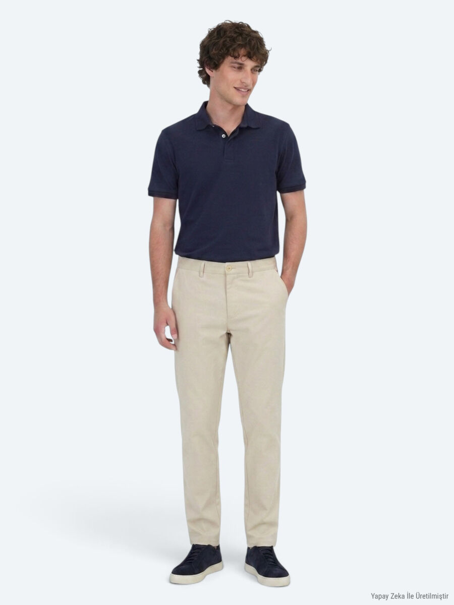 Bej Düz Dokuma Regular Fit Casual Pantolon - 1