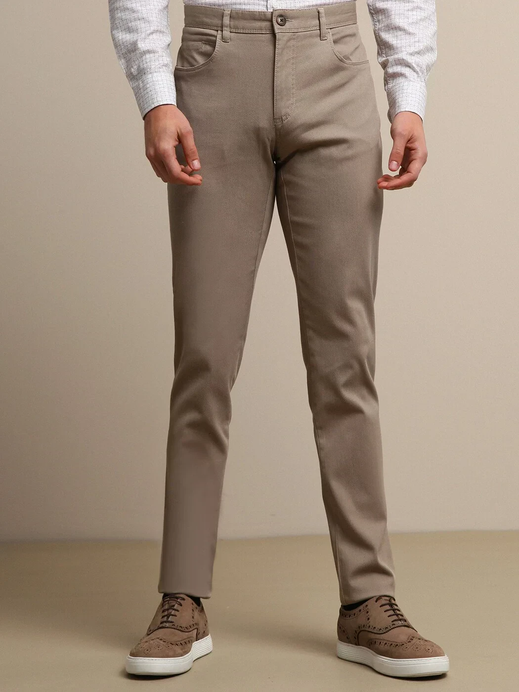 Bej Düz Dokuma Slim Fit Casual Pamuk Karışımlı Pantolon - KİP