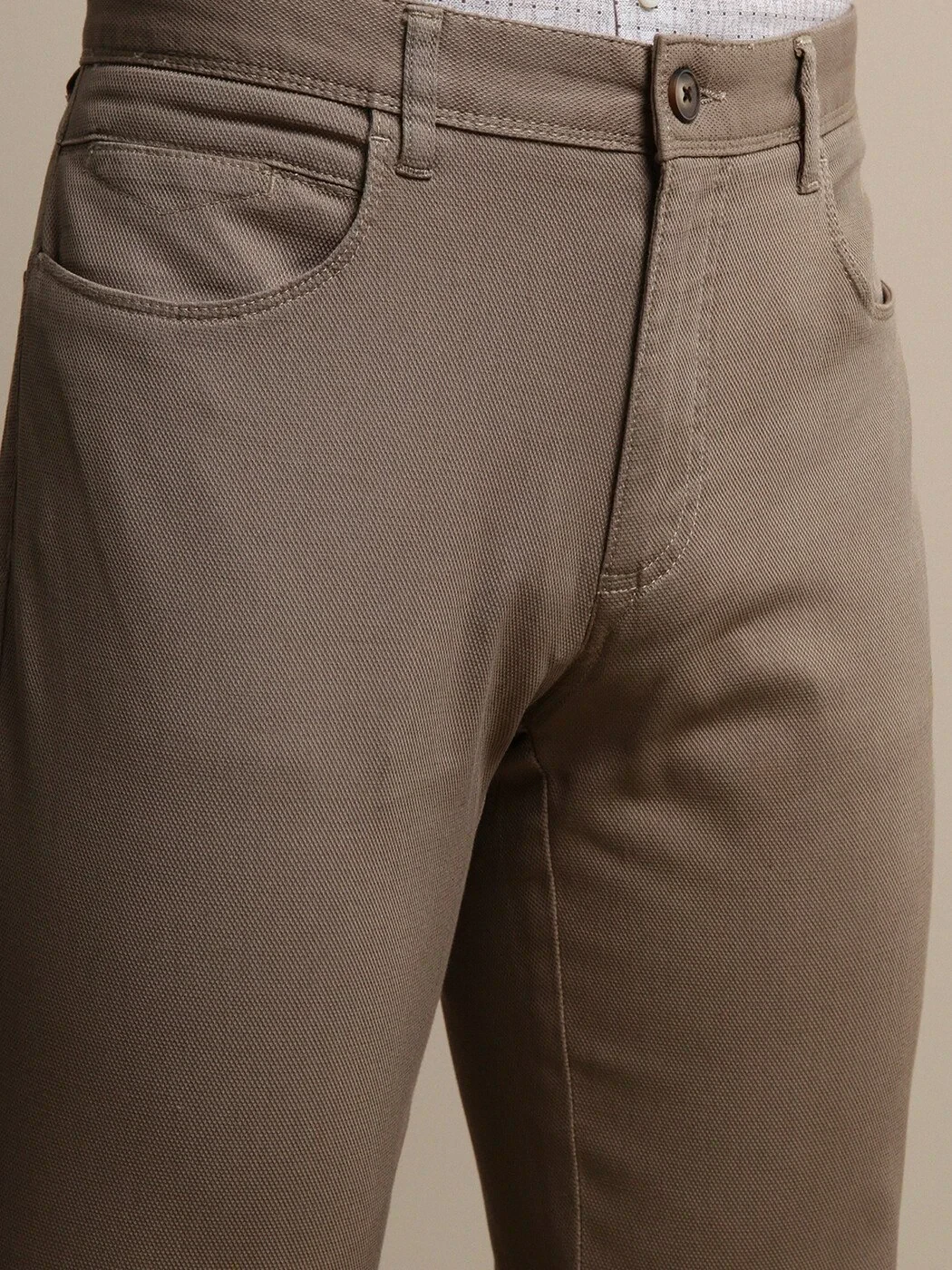 Bej Düz Dokuma Slim Fit Casual Pamuk Karışımlı Pantolon - 3