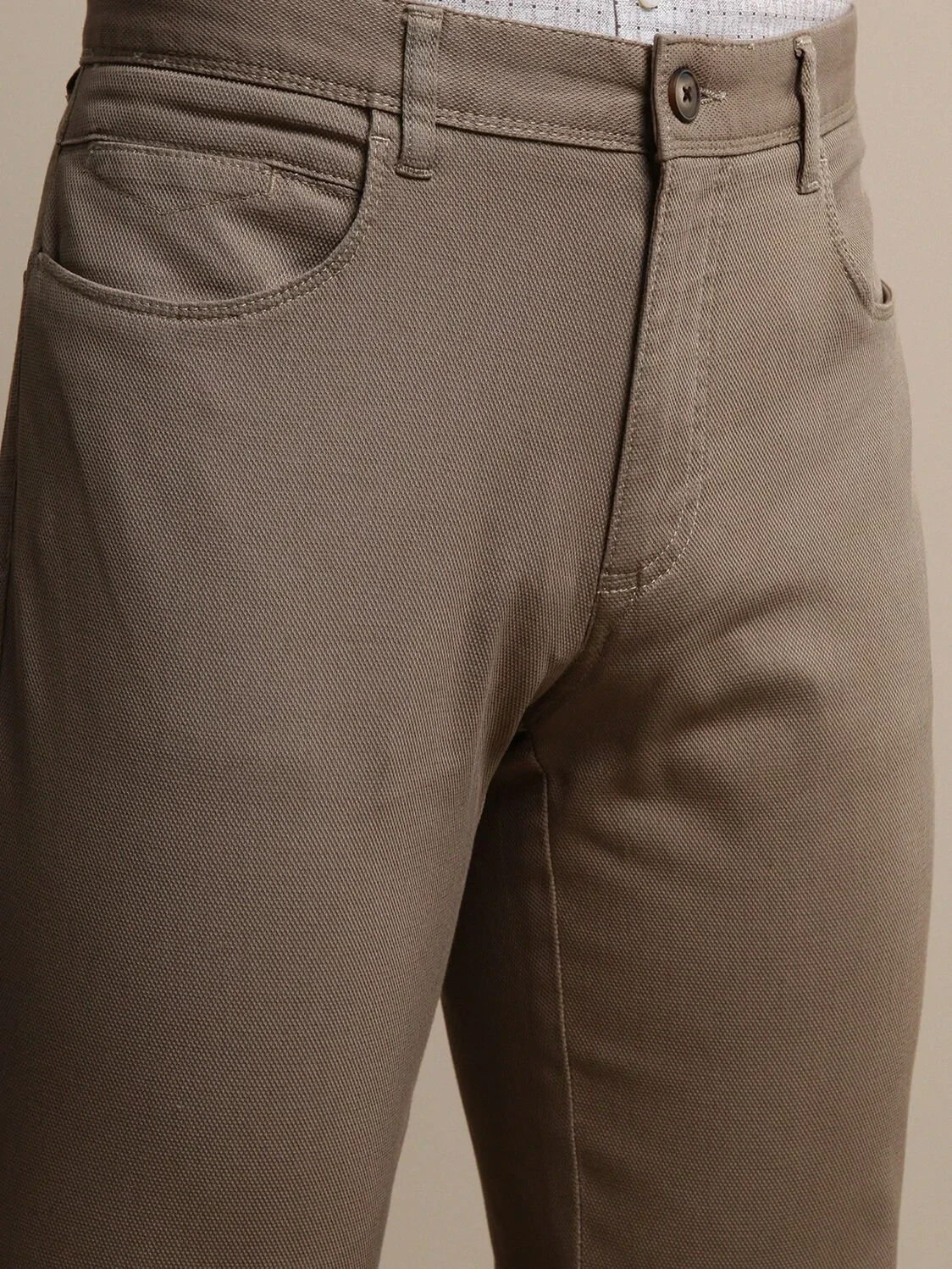 Bej Düz Dokuma Slim Fit Casual Pamuk Karışımlı Pantolon - 3