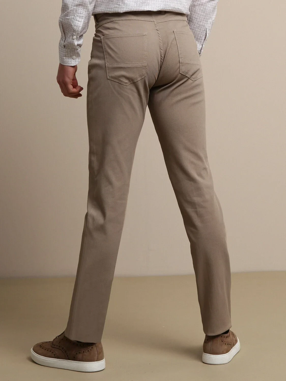 Bej Düz Dokuma Slim Fit Casual Pamuk Karışımlı Pantolon - 4