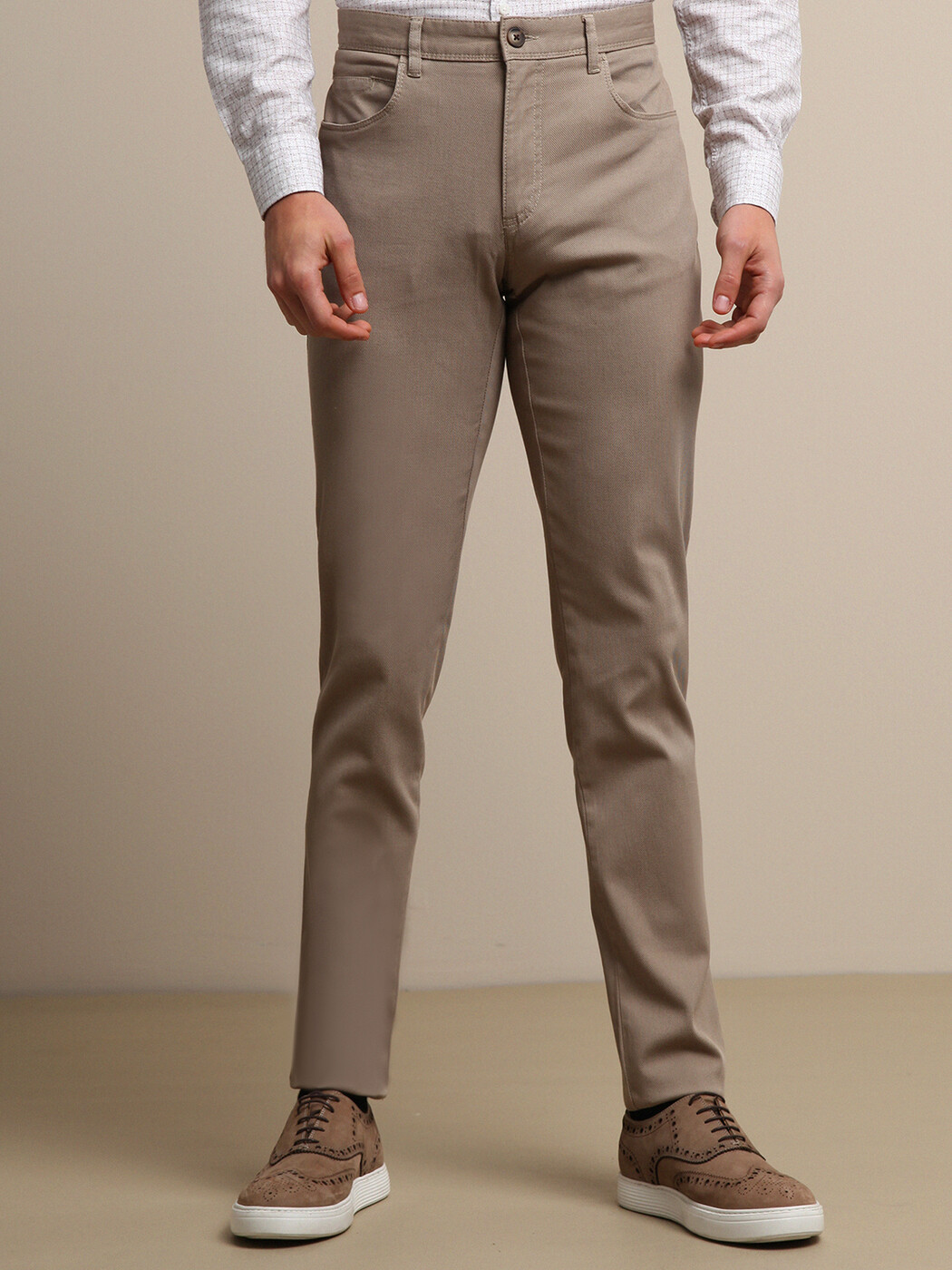 Bej Düz Dokuma Slim Fit Casual Pamuk Karışımlı Pantolon - 1