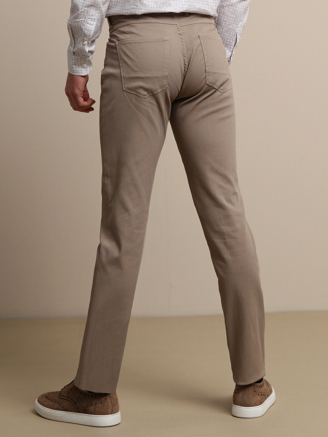 Bej Düz Dokuma Slim Fit Casual Pamuk Karışımlı Pantolon - 4