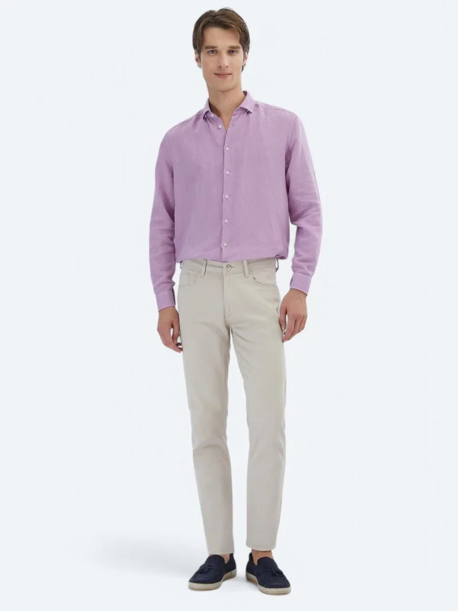 Bej Düz Dokuma Slim Fit Casual Pamuk Karışımlı Pantolon - 1