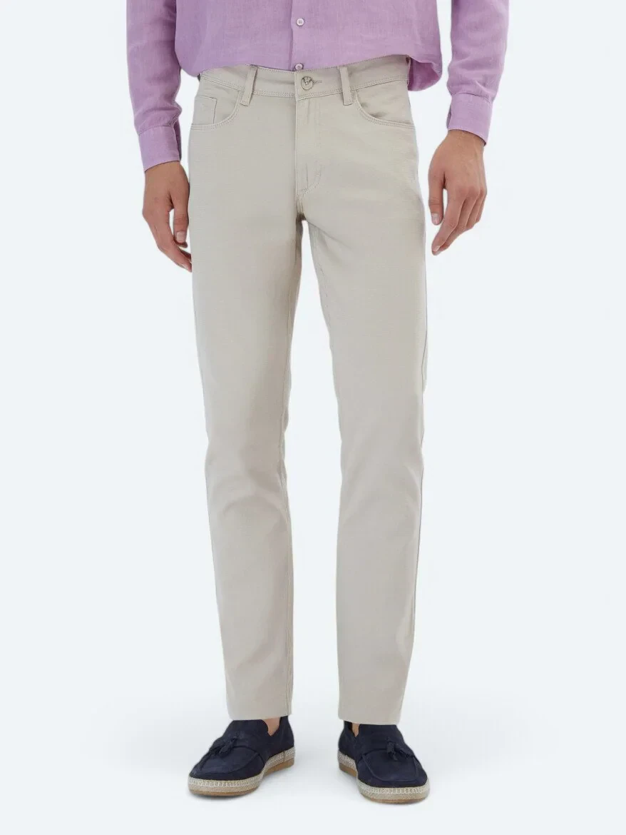 Bej Düz Dokuma Slim Fit Casual Pamuk Karışımlı Pantolon - 2