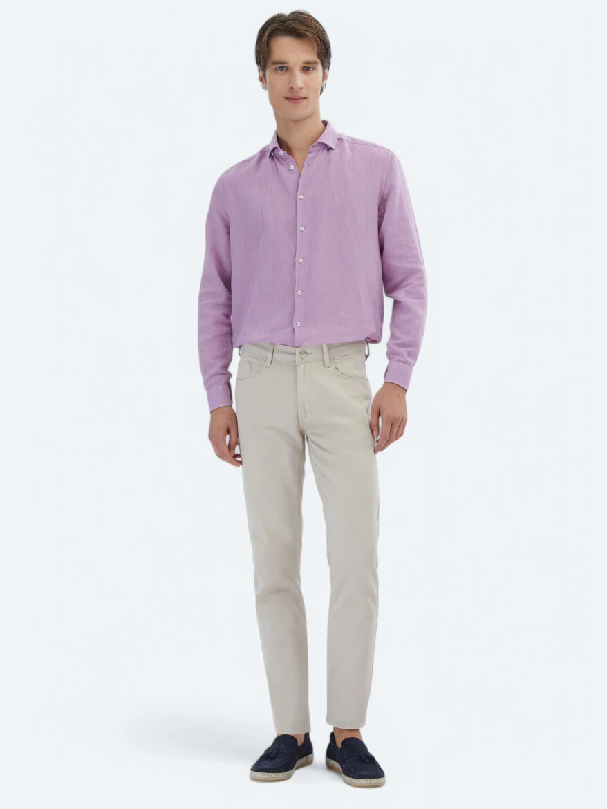 Bej Düz Dokuma Slim Fit Casual Pamuk Karışımlı Pantolon - 1