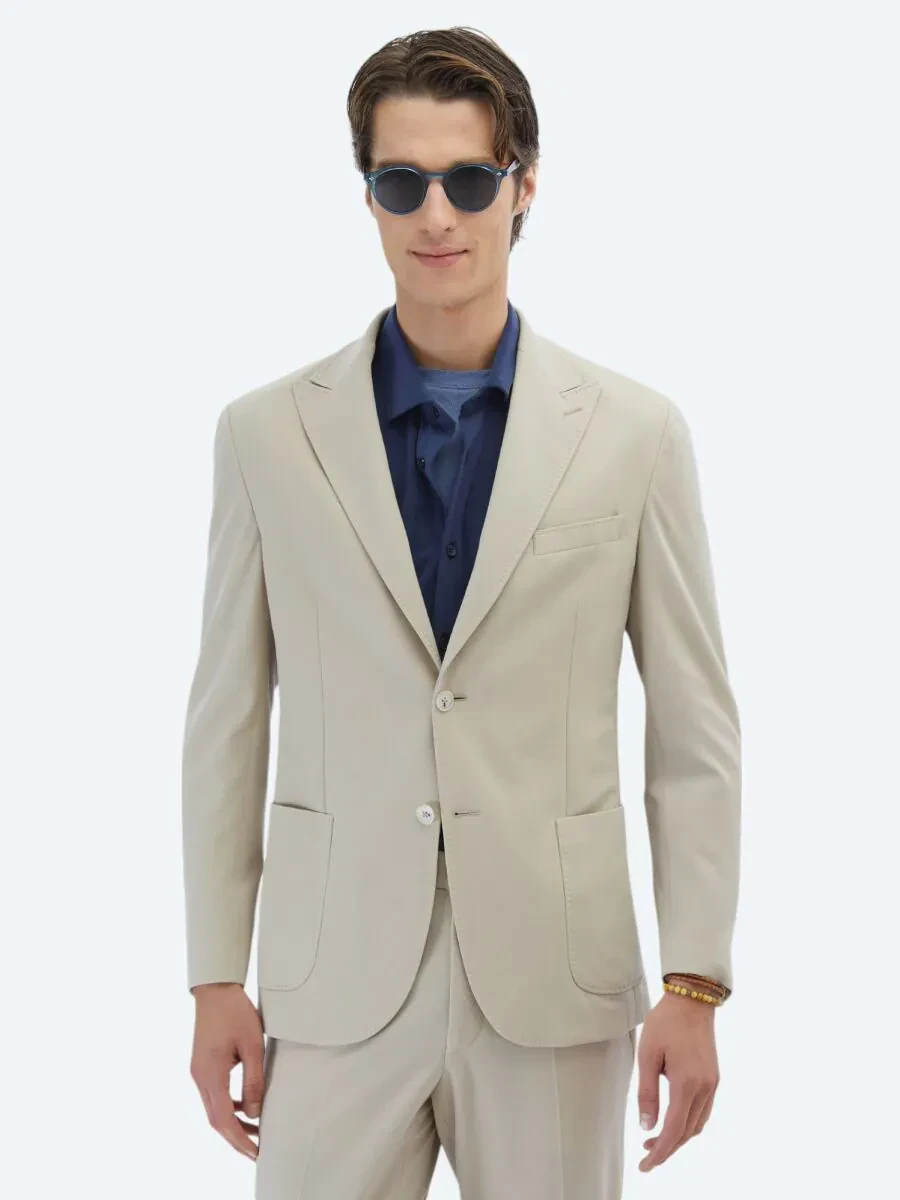Bej Düz Modern Fit %100 Pamuk Örme Takım Elbise - 1