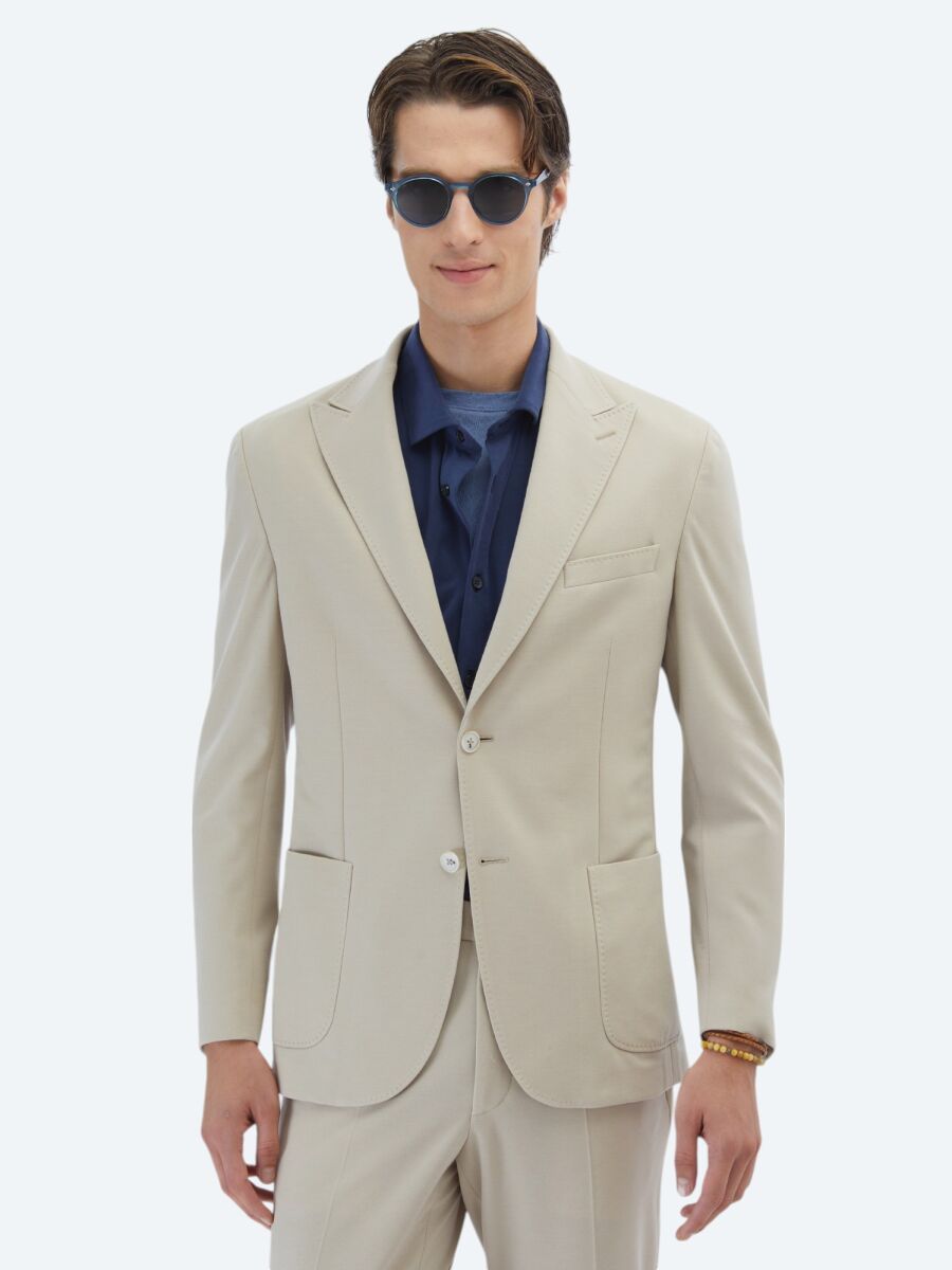 Bej Düz Modern Fit %100 Pamuk Örme Takım Elbise - 1