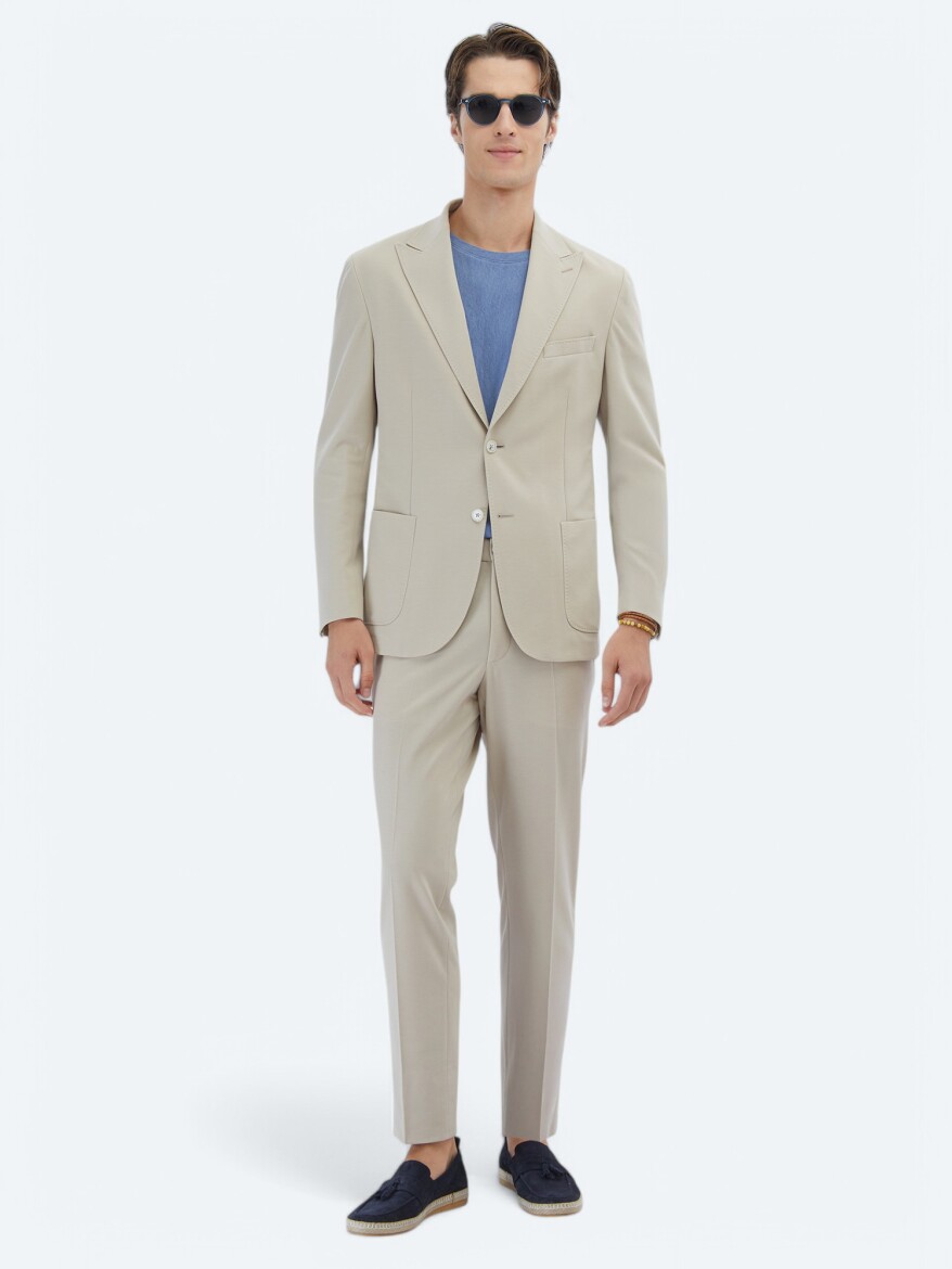 Bej Düz Modern Fit %100 Pamuk Örme Takım Elbise - KİP