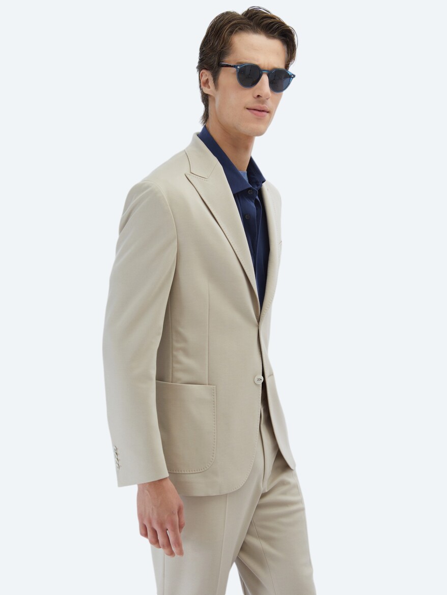 Bej Düz Modern Fit %100 Pamuk Örme Takım Elbise - 3