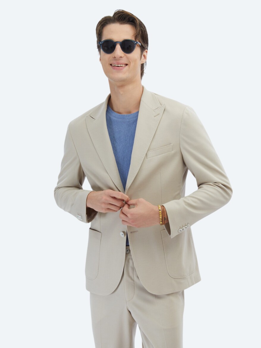 Bej Düz Modern Fit %100 Pamuk Örme Takım Elbise - 5